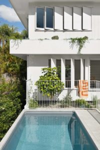 The exterior of a modern Queenslander, featuring lots of lush greenery and a swimming pool.