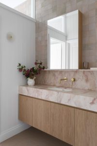 A modern pink bathroom.