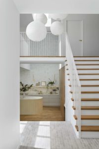 A modern kitchen with a marble splash back.