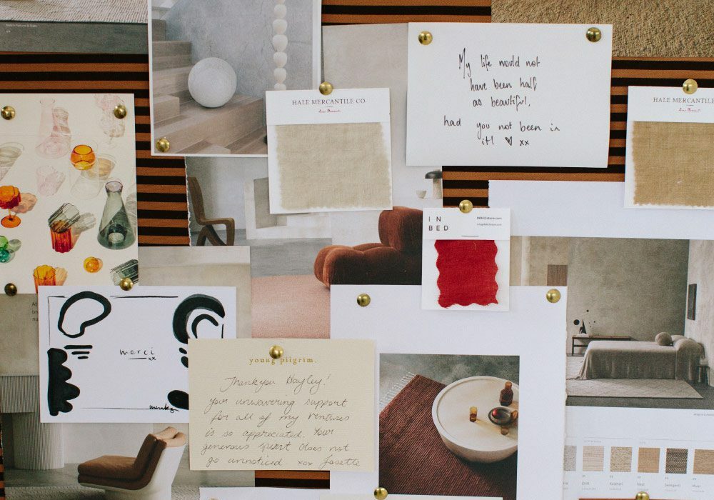 Mood board of images in burgundy, brown, and butter yellow.